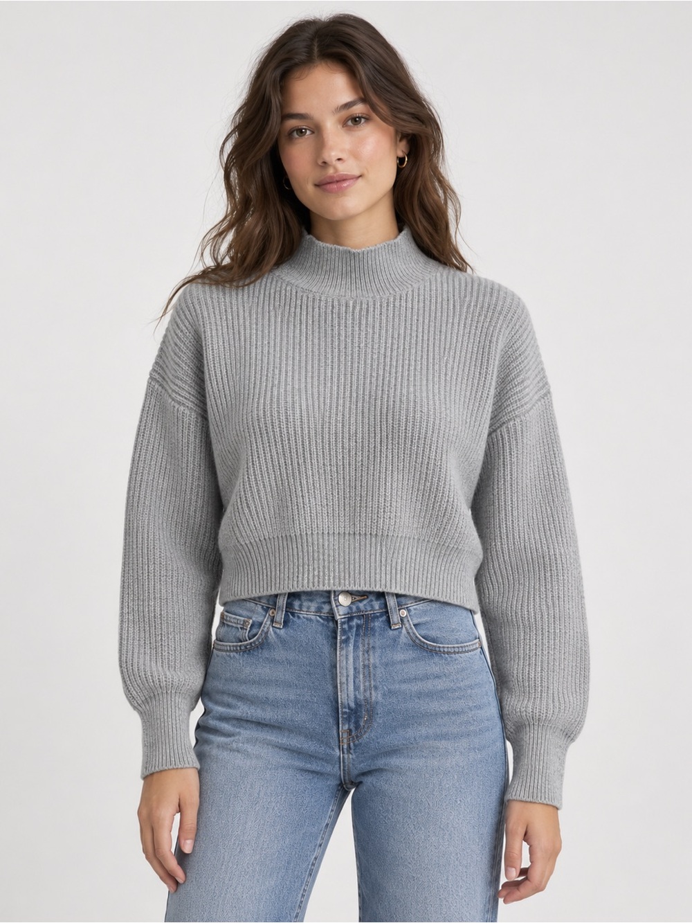 Knot Sisters Cropped Mock Neck Ribbed Sweater - Gray Medium
